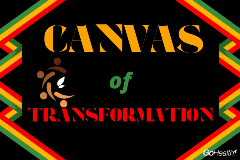 A black background image with colorful geometric borders, featuring the text "Canvas of Transformation" in orange, green, and red fonts, and a GoHealth logo in the bottom right corner.