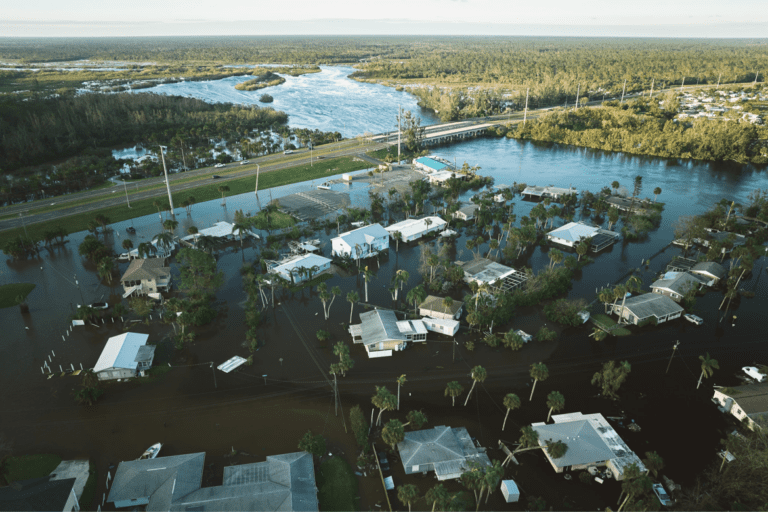 Aerial view of a residential area flooded by a river. Houses and streets are submerged in water, with a few trees visible, and a bridge in the background.