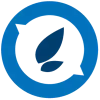 A blue circular logo featuring two speech bubbles enclosing two leaves within the circle.