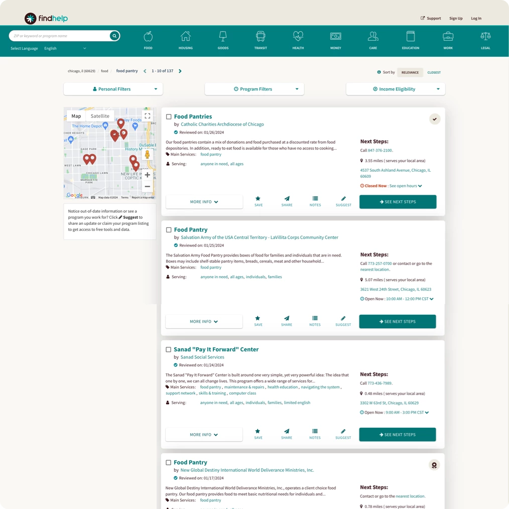 A webpage lists food pantry resources in Chicago, displaying map locations, descriptions, eligibility, and contact information for each. â€œNext Stepsâ€ buttons provide further instructions for users.