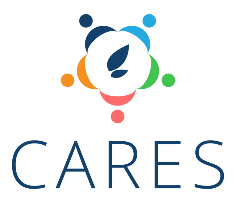 Logo with the word "CARES" below a circular design featuring five colored shapes and a central leaf.