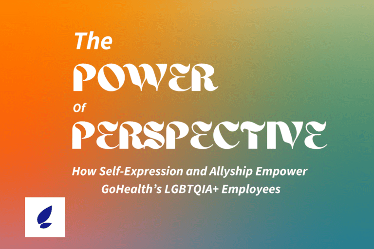 Gradient background with text: "The Power of Perspective: How Self-Expression and Allyship Empower GoHealth's LGBTQIA+ Employees." Bottom left corner features a white logo of a stylized leaf.