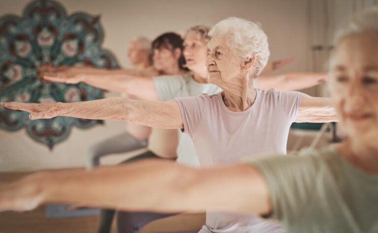 Yoga fitness, class and senior women training for elderly wellness, health and retirement self care in pilates studio.