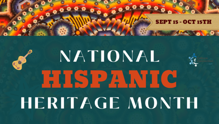 Colorful banner image with 'National Hispanic Heritage Month' highlighted in white and orange.