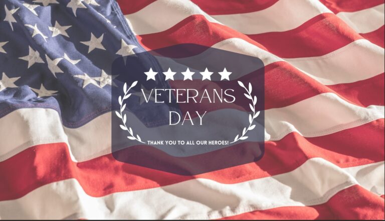 'Veterans Day' text displayed in center of graphic with 'Thank you to all our heroes!' displayed in smaller text below. American flag set as background.